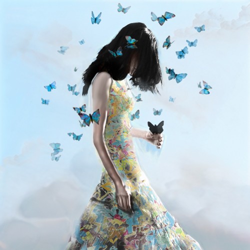 Christopher Cuseo, Don`t Forget Me (Junge Frau, Melancholie, blaue Schmetterlinge, schwarzer Schmetterling, Pubertät, Fotorealismus, buntes Kleid, Jugendzimmer, Schlafzimmer, Wunschgröße, bunt)