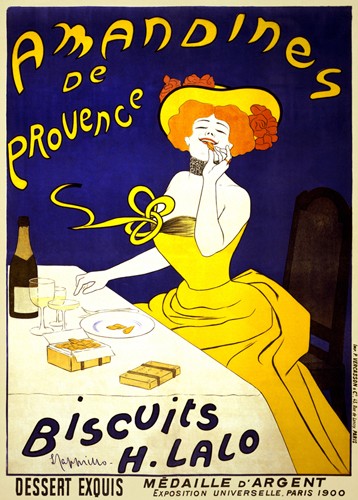 Leonetto Cappiello, Amandines de Provence (Werbung, Gebäck, Kuchen, Café, Genuss, Dame, Bistro, Küche, Bar, Treppenhaus, Wohnzimmer, Plakatkunst, Farblithographie, Grafik, Nostalgie, Wunschgröße, bunt)