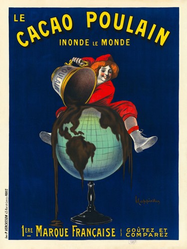 Leonetto Cappiello, Le cacao Poulain inonde le monde, 1911 (Werbung,  Globus, Erdkugel, Kakao-Eimer, Guss, Kind, Schelm, Bistro, Küche, Bar, Treppenhaus, Wohnzimmer, Plakatkunst, Farblithographie, Grafik, Nostalgie, Wunschgröße, bunt)