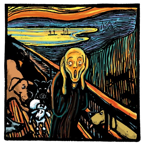 Chameleon Desing, Inc., Munch Dog (Munch, Der Schrei, Adaption, Hunde, witzig, Humor, Komikm Grafik, Treppenhaus, Wohnzimmer, Wunschgröße)