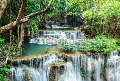 calcassa, Waterfall at Huay Mae Khamin (Thailand, Erawan, Nationalpark, Wasserfall, Kaskaden,  erfrischend, Urwald, Natur, Landschaft, Urlaub, Wellness, Badezimmer, Treppenhaus, Fotografie, Wunschgröße,  bunt)
