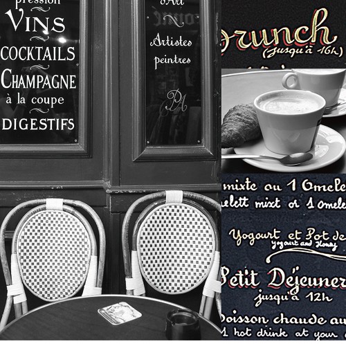 Cameron Duprais, French Café 2 (Wunschgröße, Fotokunst, Cafe, Speisekarte, Frühstück, Kaffee, Tassen, Milchschaum, Croissant, französisches Bistro, Küche, Gastronomie,schwarz / weiß, bunt)