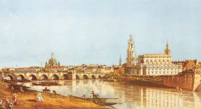 Giovanni Antonio Canaletto, Dresden, Elbufer (Malerei, Dresden, Vedute, Stadtansicht, Städte, Fluss, Elbe, Brücke, Deutschland, marktplatz, Klassiker, Wohnzimmer, bunt)