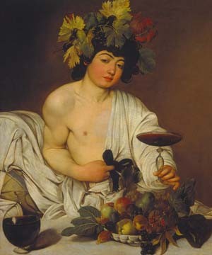 Michelangelo Caravaggio, Junger Bacchus (Junge, Jüngling, Obstschale, Weinglas, Trauben, Früchte, Bacchus, Gott, Mythologie,  Klassiker, Barock, Esszimmer, Wohnzimmer, Weinlaub, Malerei, Wunschgröße, bunt)