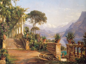 Carl Frederik Aagaard, Lodge on Lake Como (Landschaften, Italien, Amalfiküste, Berge, Klassiker, Idylle, Terrasse, Wohnzimmer, Treppenhaus, Wunschgröße, bunt)