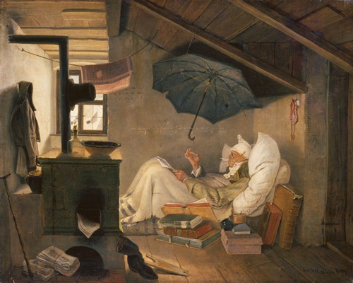 Carl Spitzweg, Der arme Poet (Wunschgröße, Malerei, Klassiker, Kranker Mann, Dichter, Regenschirm, Bruchbude, Armut, Dachwohnung, Spätromantik, Wohnzimmer, bunt)