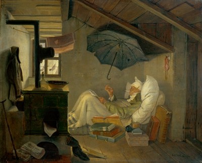 Carl Spitzweg, Der arme Poet (Wunschgröße, Malerei, Klassiker, Kranker Mann, Dichter, Regenschirm, Bruchbude, Armut, Dachwohnung, Spätromantik, Wohnzimmer, bunt)