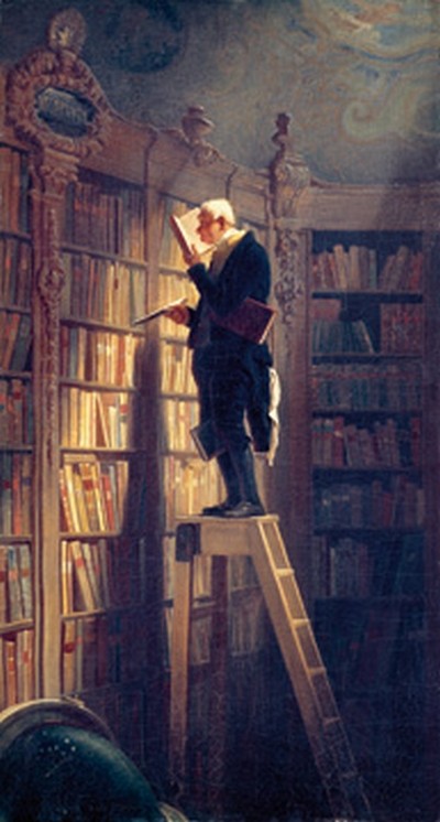 Carl Spitzweg, Der Bücherwurm (Wunschgröße, Malerei, Bibliothek, Bücherwand, Bücher, Bücherregal, Bücherleser, Mann auf Leiter, Karikatur, Lustig, Spätromantik, Wohnzimmer, Bücherzimmer, Bücherei, bunt)