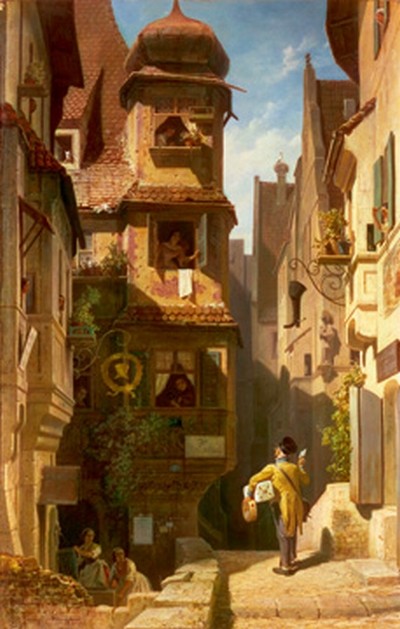 Carl Spitzweg, Der Briefbote im Rosental (Malerei, Klassiker, Dorfstraße, Architektur, Briefträger, Frauen, Erwartung, Neugier, Humor, Spätromantik, Wohnzimmer, bunt)