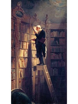 Carl Spitzweg, Der Bücherwurm (Malerei, Bibliothek, Bücherwand, Bücher, Bücherregal, Bücherleser, Mann auf Leiter, Karikatur, Lustig, Spätromantik, Wohnzimmer, Bücherzimmer, Bücherei, bunt)