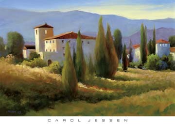 Carol Jessen, Blue Shadow in Tuscany I (Toskana, Landschaften, Natur, Haus, Villa, Idylle, Bäume, Zypressen, Berge, Arztpraxis, Treppenhaus, Wohnzimmer, Malerei, bunt)