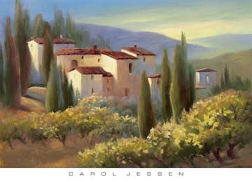 Carol Jessen, Blue Shadow in Tuscany II (Toskana, Landschaften, Natur, Haus, Villa, Idylle, Bäume, Zypressen, Berge, Arztpraxis, Treppenhaus, Wohnzimmer, Malerei, bunt)