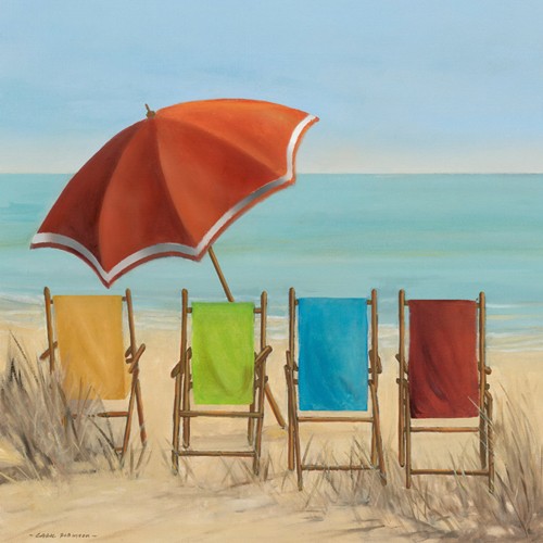 Carol Robinson, Four Summer I (Wunschgröße, Malerei, Meeresbrise, Strand, Meer, Liegestühle, Sonnenschirm, Urlaub, Sommer, Badezimmer, Treppenhaus, Arztpraxis, bunt)