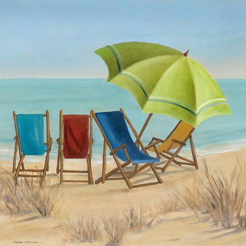 Carol Robinson, Four Summer II (Malerei, Meeresbrise, Strand, Meer, Liegestühle, Sonnenschirm, Urlaub, Sommer, Badezimmer, Treppenhaus, Arztpraxis, bunt)