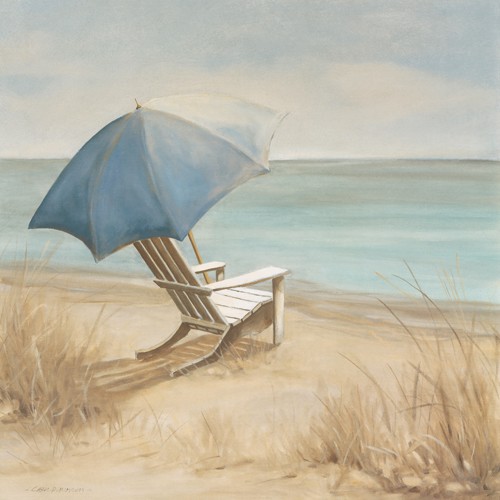 Carol Robinson, Summer Vacation I (Wunschgröße, Malerei, Meeresbrise, Strand, Meer, Liegestuhl, Sonnenschirm, Urlaub, Sommer, Badezimmer, Treppenhaus, Arztpraxis, bunt)