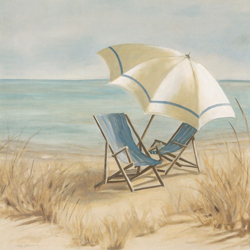 Carol Robinson, Summer Vacation II (Wunschgröße, Malerei, Meeresbrise, Strand, Meer, Liegestühle, Sonnenschirm, Urlaub, Sommer, Badezimmer, Treppenhaus, Arztpraxis, bunt)