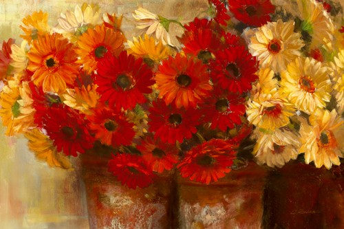 Carol Rowan, Chelsea Gerberas (Blumen, Blumentöpfe, Terracotta, Gerbera, Sonnenlicht, Sommer, Blüten, Wohnzimmer, Esszimmer, Treppenhaus, Wunschgröße, Malerei, bunt)