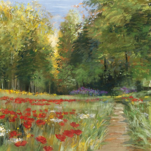 Carol Rowan, Field of Flowers (Mohnfeld, Landschaft, Bäume, Feldweg, Blüten, Sommer, Wohnzimmer, Esszimmer, Treppenhaus, Wunschgröße, Malerei, bunt)