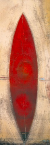 Carole Bécam, Triptyque rouge II (rote Ellipse, Lanzettform, Balance, Spitze, modern, zeitgenössisch, Abstrakte Malerei, Business, Büro, Wohnzimmer, Arztpraxis, Wunschgröße, beige, rot)