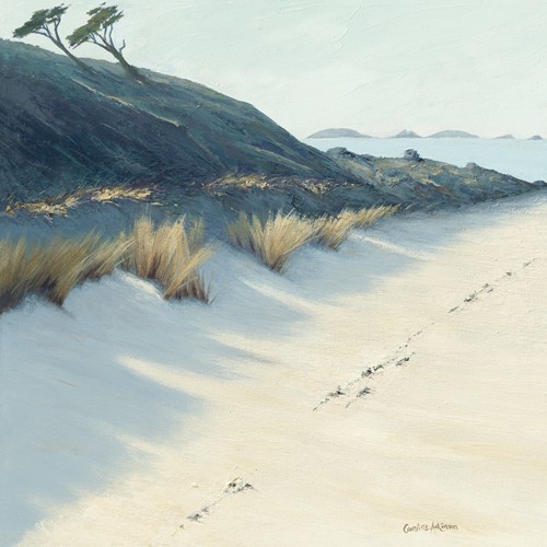 Caroline Atkinson, Bay Shadows (Meer, Meeresbrise, Strand, Dünen, Dünengras, Fußspuren, Wunschgröße, Treppenhaus, Wohnzimmer, Malerei, bunt)