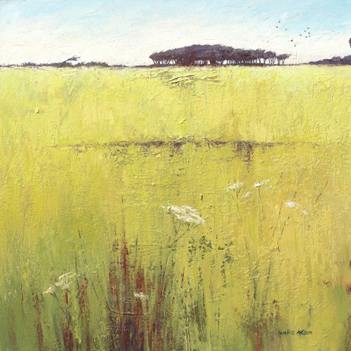 Caroline Atkinson, Fields and Hedgerows (Landschaft, Wiese, Gräser, Horizont, Wunschgröße, Treppenhaus, Wohnzimmer, Malerei, bunt)