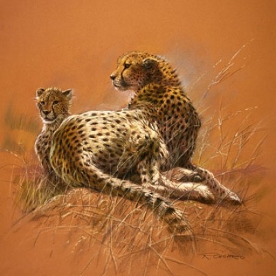 Renato Casaro, Cheetah Mother (Natur, Afrika,  Tier, Raubkatze, Gepard, Mutter, Jungtier, Sonnenlicht, Sonnenuntergang, Abendrot,  Wohnzimmer, Kunst, Modern, Malerei, Fotorealismus, gelb / orange)