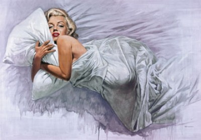 Renato Casaro, Everybodies Dream (Marilyn Monroe, Film, Filmstar, Schauspielerin, Sängerin, Star, Traumfrau, Erotik,  Bett, Kunst, Modern, Malerei, People & Eros,  Schlafzimmer, Wohnzimmer weiß / bunt)