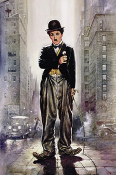 Renato Casaro, Charlie Chaplin City Lights (Stummfilm, Großstadtlichter, Komiker, Stars, Schauspieler, Wohnzimmer, Jugendzimmer, Kunst, Modern, Malerei, People & Eros, Film, Persönlichkeiten,  bunt)