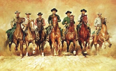 Renato Casaro, The magnificent Seven (Filmszene, Die glorreichen Sieben, Filmstar, Schauspieler, Wilder Westen, Western, Reiter, Cowboys, Wohnzimmer, Modern, Malerei, People & Eros, Film,  bunt)