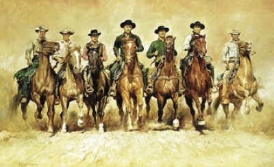 Renato Casaro, The magnificent Seven (Filmszene, Die glorreichen Sieben, Filmstar, Schauspieler, Wilder Westen, Western, Reiter, Cowboys, Wohnzimmer, Modern, Malerei, People & Eros, Film,  bunt)