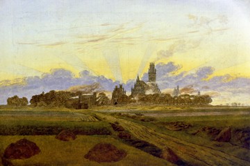 Caspar David Friedrich, Das brennende Neubrandenburg (Malerei, Romantik, Landschaft, Felder, Stadt, Brand, Katastrophe, Klassiker, Wohnzimmer, Treppenhaus, bunt)