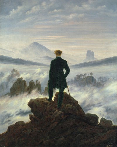 Caspar David Friedrich, Der Wanderer ber dem Nebelmeer (Landschaft, Natur, Berge, Mann, Nebel, Gipfel,  Klassiker, Wohnzimmer, Treppenhaus, Wunschgröße, Malerei, Romantik,  bunt)