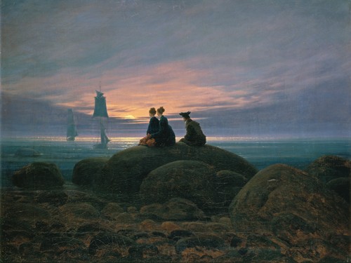 Caspar David Friedrich, Mondaufgang am Meer (Meer, Abendstimmung, Küste, Strand, Spaziergänger, Mondlicht, stimmungsvoll, Horizont, Meeresbrise, Klassiker, Wohnzimmer, Schlafzimmer, Wunschgröße, Malerei, Romantik, bunt)