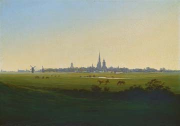 Caspar David Friedrich, Wiesen bei Greifswald (Wunschgröße, Malerei, Romantik, Landschaft, Wiesen, Natur, Panorama, Ebene,Dorf, Kirche, Klassiker, Wohnzimmer, Schlafzimmer, bunt)