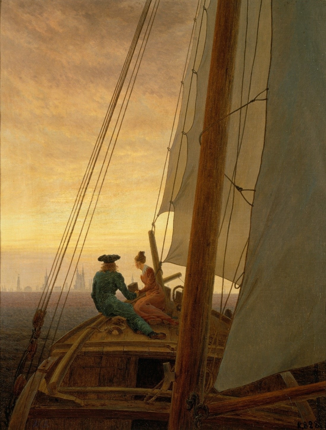 Caspar David Friedrich, Auf dem Segler. 1819 (Friedrich,Caspar David,St. Petersburg,Eremitage,1774-1840,Öl auf Leinwand,Friedrich,Caspar David Friedrich,Reise,Paar,Liebespaar,Schiff,Romantik,19. Jahrhundert,segeln,18. Jahrhundert,Segler,Segelboot,Segelschiff,Frau,Mann,Aussicht,Meer,Horizont,Mast,Sege)