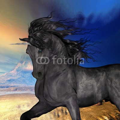 Catmando, Black Buck Unicorn (Wunschgröße, Fotokunst, schwarzes Einhorn, Pferd, Meer, Strand, Himmel,  Landschaft, Sonne, Leuchten, Zauber, Magie, Fantasie, Mythos, Märchen, Jugendzimmer, Schlafzimmer, Wohnzimmer, bunt)