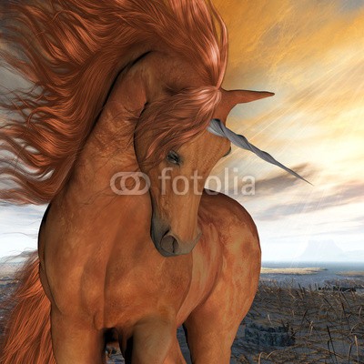 Catmando, Burnt Sky Unicorn (Wunschgröße, Fotokunst, braunes Einhorn, Pferd, Landschaft, Küste, Meer, Magie, Fantasie, Mythos, Märchen, Jugendzimmer, Schlafzimmer, bunt)