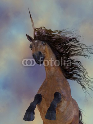 Catmando, Chestnut Unicorn (Wunschgröße, Fotokunst, braunes Einhorn, Pferd, Himmel,Aufbäumen, energie, Kraft, Hufe, Mähne, Untersicht, Perspektive, Zauber, Magie, Fantasie, Mythos, Märchen, Jugendzimmer, Schlafzimmer, Wohnzimmer, bunt)