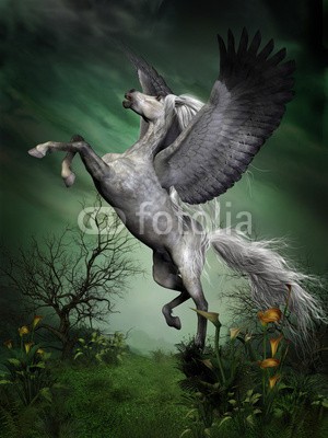 Catmando, Dapple Grey Pegasus (Wunschgröße, Fotokunst, Pegasus, Fabelwesen, geflügeltes Pferd, Flügel, Schwingen, Landschaft, Wiese, Aufbäumen, Kraft, Energie, Mythologie, Sagenwelt, Zauber, Magie, Fantasie, Mythos, Märchen, Jugendzimmer, Schlafzimmer, Wohnzimmer, grau / grün)