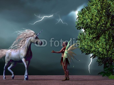 Catmando, Fairy and Unicorn (Wunschgröße, Fotokunst,weißes Einhorn, Elfe, Waldelfe, Flügel, Fabelwesen, Pferd, Landschaft, Unwetter, Gewitter, Blitze, Baum, Leuchten, Zauber, Magie, Fantasie, Mythos, Märchen, Jugendzimmer, Schlafzimmer, Wohnzimmer, bunt)