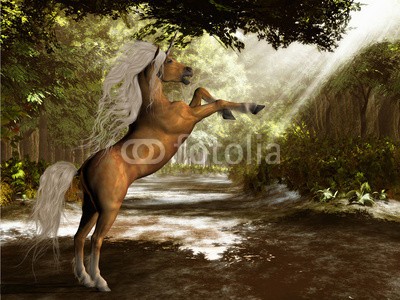 Catmando, Forest Unicorn (Wunschgröße, Fotokunst, braunes Einhorn, Pferd, aufbäumen, Wald, Landschaft, Sonnenstrahlen, Leuchten, Zauber, Magie, Fantasie, Mythos, Märchen, Jugendzimmer, Schlafzimmer, Wohnzimmer, bunt)