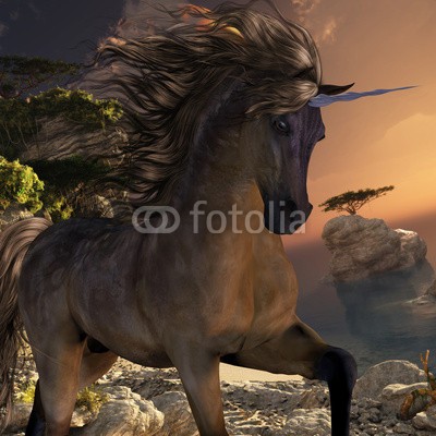 Catmando, Grulla Buck Unicorn (Wunschgröße, Fotokunst, braunes Einhorn, Pferd, Felsen, Küste,Kraft, Energie, Magie, Fantasie, Mythos, Märchen, Jugendzimmer, Wohnzimmer, bunt)