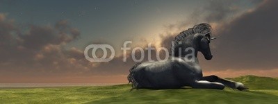 Catmando, MAGIC UNICORN (Wunschgröße, Fotokunst, schwarzes Einhorn, Wiese, liegendes Einhorn, Pferd, Landschaft, Sonnenuntergang, Ruhe, Leuchten, Zauber, Magie, Fantasie, Mythos, Märchen, Jugendzimmer, Schlafzimmer, Wohnzimmer, bunt)