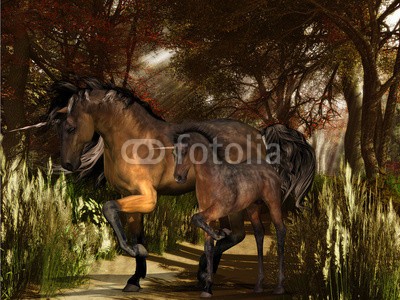 Catmando, Mother Unicorn and Foal (Wunschgröße, Fotokunst, braunes Einhorn,Fohlen, Pferd, Wald, Waldweg, Landschaft, Sonnenstrahlen,, Leuchten, Zauber, Magie, Fantasie, Mythos, Märchen, Jugendzimmer, Schlafzimmer, Wohnzimmer, bunt)