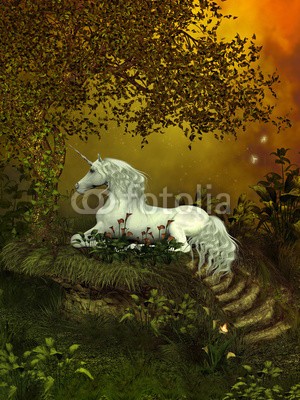 Catmando, Mystical Unicorn (Wunschgröße, Fotokunst, weißes Einhorn, Pferd, Wald, Waldweg, Stufen, Ruhe, ausruhen, Zauber, Magie, Fantasie, Mythos, Märchen, Jugendzimmer, Schlafzimmer, bunt)