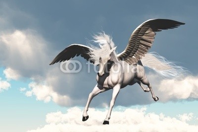 Catmando, PEGASUS (Wunschgröße, Fotokunst, weißer Pegasus, Fabelwesen, geflügeltes Pferd, Flügel, Schwingen, fliegender Pegasus, Himmel, Wolken, Mythologie, Sagenwelt, Zauber, Magie, Fantasie, Mythos, Märchen, Jugendzimmer, Schlafzimmer, Wohnzimmer, blau / weiß)