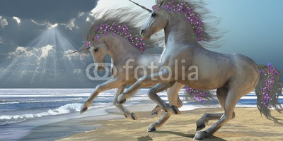 Catmando, Playing Unicorns Part 2 (Wunschgröße, Fotokunst, spielende Einhörner, weißes Einhorn, Pferde, Meer, Strand, Himmel, Landschaft, Sonne, Glitzermähne, Leuchten, Zauber, Magie, Fantasie, Mythos, Märchen, Jugendzimmer, Schlafzimmer, Wohnzimmer, bunt)