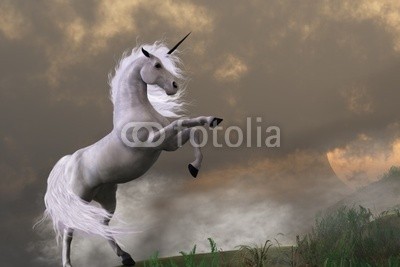 Catmando, RARE EARTH (Wunschgröße, Fotokunst, weißes Einhorn, Pferd, Wolken, Unwetter, Aufbäumen, Himmel, Landschaft, Leuchten, Zauber, Magie, Fantasie, Mythos, Märchen, Jugendzimmer, Schlafzimmer, Wohnzimmer, bunt)
