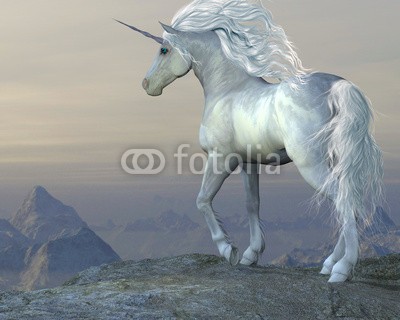 Catmando, Unicorn Bluff (Wunschgröße, Fotokunst, weißes Einhorn, Pferd, Berge, Landschaft, Einsamkeit, Magie, Fantasie, Mythos, Märchen, Jugendzimmer, Schlafzimmer, bunt)