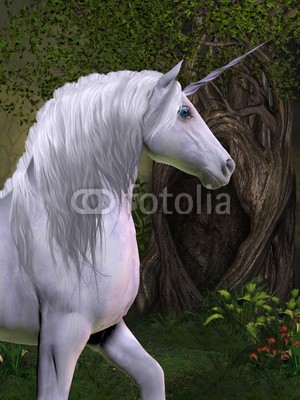 Catmando, Unicorn Horse (Wunschgröße, Fotokunst, weißes Einhorn, Pferd, Wald,Baumhöhle, Magie, Fantasie, Mythos, Märchen, Jugendzimmer, Schlafzimmer, bunt)